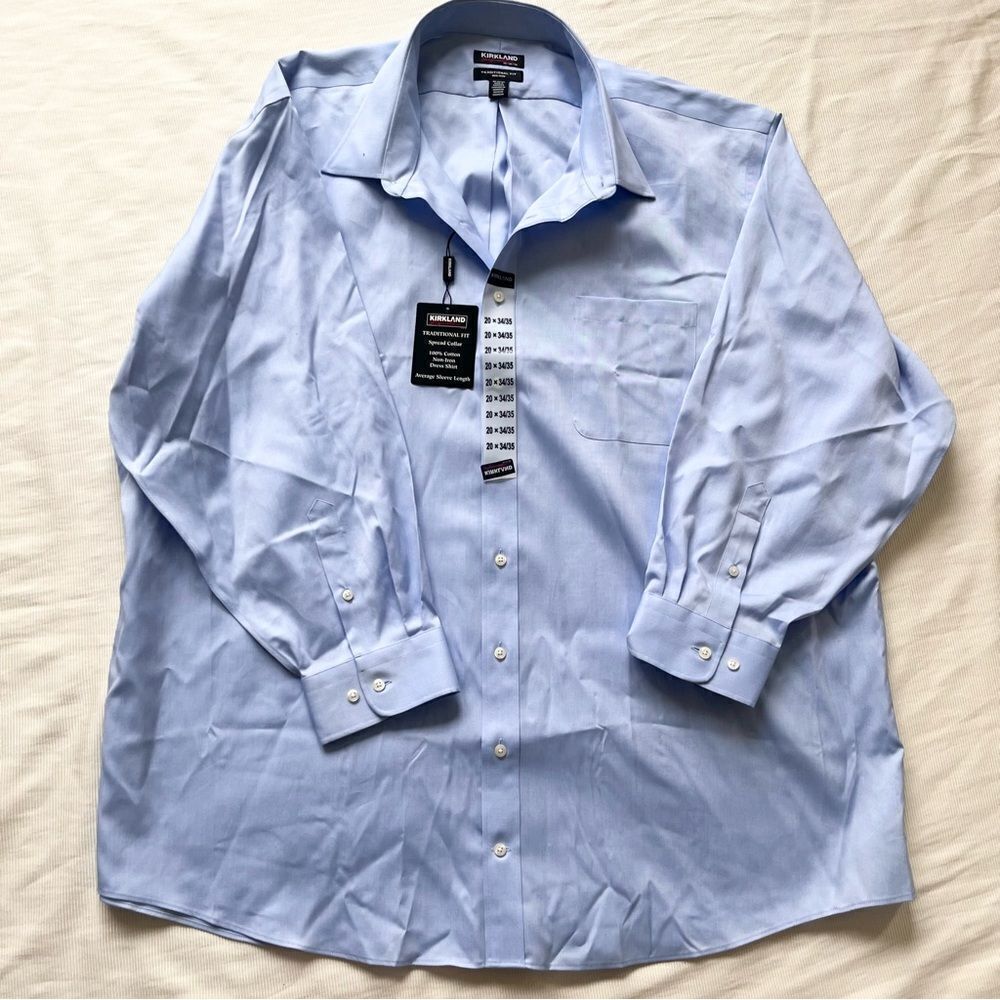 Kirkland Mens Shirt Suit Traditional Fit Non Iron Blue Long Sleeve Size 20 34/35